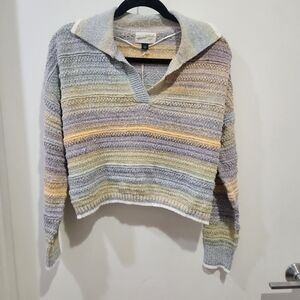 Universal Thread Cropped Striped V‑Neck Sweater in Pastel Multi